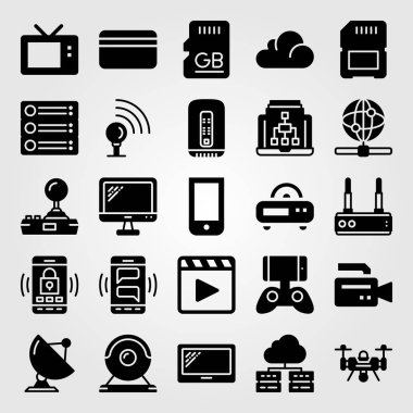 Teknoloji vektör Icon set. TV, uydu, dizüstü bilgisayar ve radyo