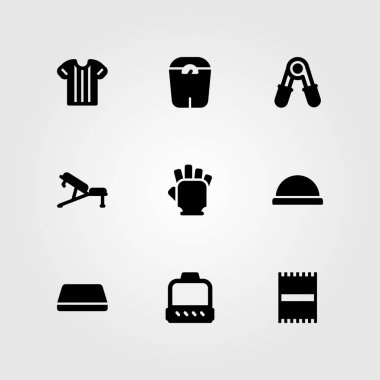 Fitness vektör Icon set. spor salonu eldiven, blok, eldiven ve tezgah