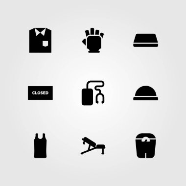 Fitness vektör Icon set. spor gömlek, eldiven, tezgah ve topu