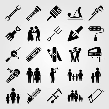 Araçlar simgesi vektör ayarlayın. çocuk, çift, erkek ve el matkap