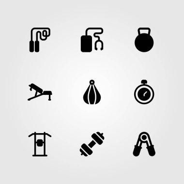 Fitness vektör Icon set. yukarı çekin bar, delme, halter ve tezgah