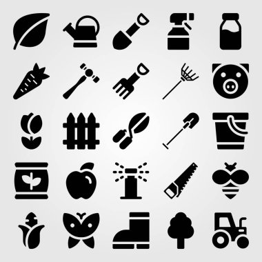 Bahçe simge vektör ayarlayın. çit, süt şişesi, traktör ve yaprak