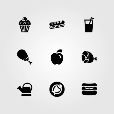 Yiyecek ve içecekler Icon set vektör. sulama olabilir, tavuk budu, Balık ve cupcake