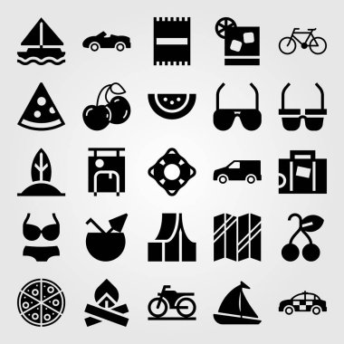 Yaz aylarında vektör Icon set. Araba, motosiklet, karpuz ve pizza