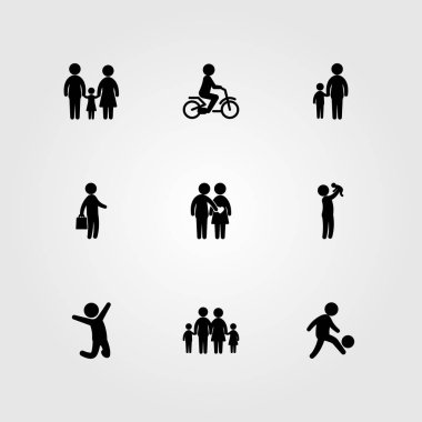 İnsanlar simge vektör ayarlayın. Baba, iş, baba ve çocuk binicilik bisiklet