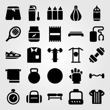 Fitness vektör Icon set. Mustafa, eldiven, adım ve spor gömlek