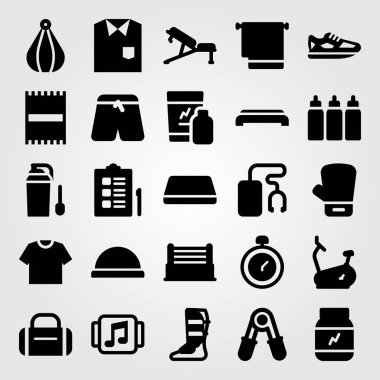 Fitness vektör Icon set. adım, Chronometre, boks eldiven ve koşu ayakkabıları