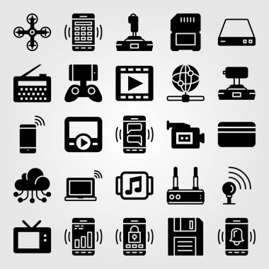 Teknoloji simge vektör ayarlayın. doskette, video kamera, müzik çalar ve film oyuncu