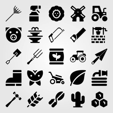 Bahçe simge vektör ayarlayın. çizme, kelebek, traktör ve kaktüs