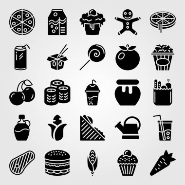 Yiyecek ve içecekler simge vektör ayarlayın. lolipop, kiraz, cam ve patlamış mısır