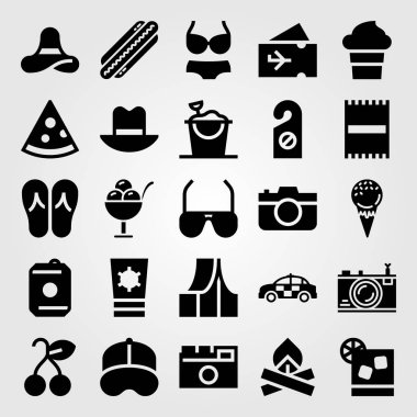 Yaz aylarında vektör Icon set. uçak bileti, kap, çadır ve fotoğraf kamera