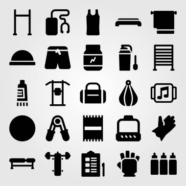 Fitness vektör Icon set. spor salonu eldiven, spor salonuna adım, pantolon ve krem