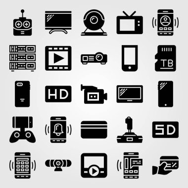 Teknoloji vektör Icon set. televizyon, projektör, uzaktan kumanda ve video kamera