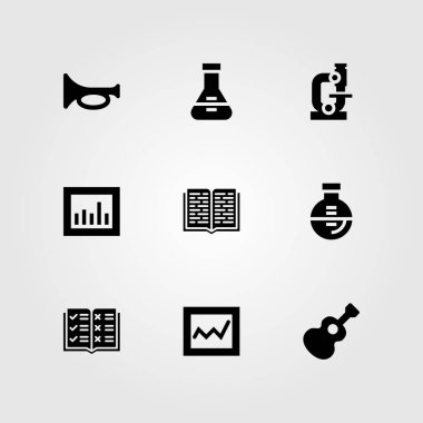 Eğitim vektör Icon set. flask, gitar, analytics ve açık kitap