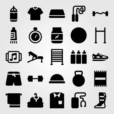 Fitness vektör Icon set. bosu topu, halter, kronometre ve koşu ayakkabıları