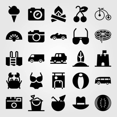 Yaz aylarında vektör Icon set. şenlik ateşi, güneş gözlüğü, şapka ve Hindistan cevizi