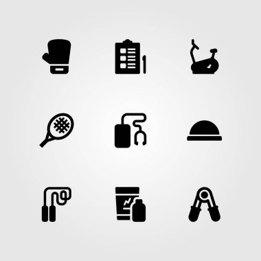 Fitness vektör Icon set. Boks eldiveni, sarsıntı, tenis raketi ve sabit Bisiklet