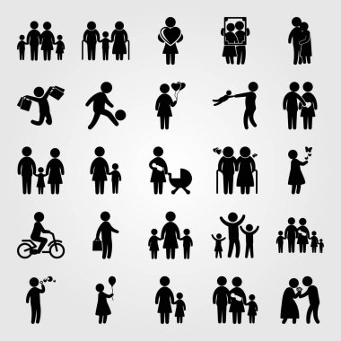 İnsanlar simge vektör ayarlayın. Anne ile oğlu, çocuk binicilik bisiklet ve çift çiçekler, veren adam