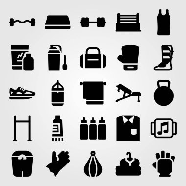 Fitness vektör Icon set. protein, mat, müzik çalar ve halter