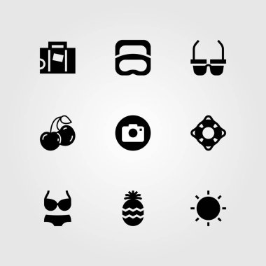 Yaz aylarında vektör Icon set. Dalış, cankurtaran, ananas ve kiraz