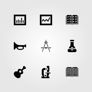 Eğitim vektör Icon set. mikroskop, trompet, pusula ve açık kitap