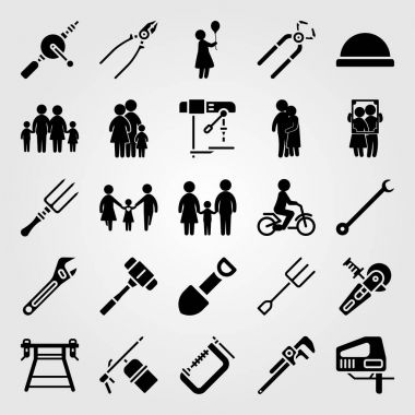 Tools icon set vector. child riding bike, power saw, mallet and hugging clipart