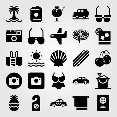 Yaz aylarında vektör Icon set. Sosisli sandviç, taksi, güneş gözlüğü ve mayo