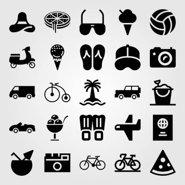 Yaz aylarında vektör Icon set. Dondurma, flip flop, pasaport ve spor araba