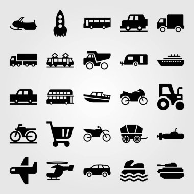 Ulaşım vektör Icon set. alışveriş sepeti, tramvay, traktör ve Damper