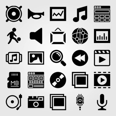 Multimedya vektör Icon set. mikrofon, nota, fotoğraf ve sd kartı