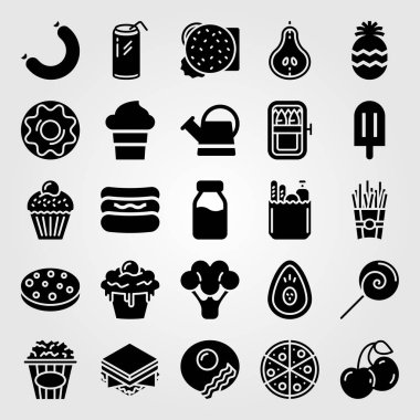 Yiyecek ve içecekler Icon set vektör. tanımlama bilgisi, kiraz, bakkaliye ve burger