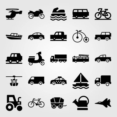 Ulaşım vektör Icon set. Deniz scooter, tekne, yelkenli ve yangın kamyon