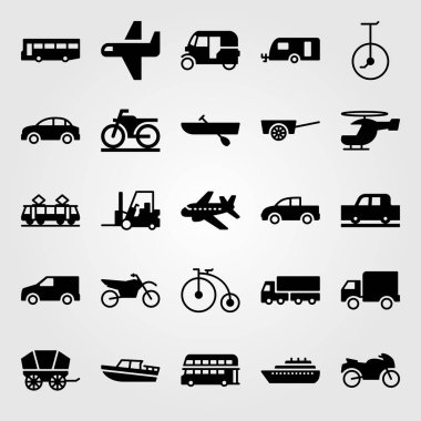 Ulaşım vektör Icon set. Bisiklet, tek tekerlekli sirk bisikletine, tuk tuk ve araba