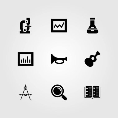Eğitim vektör Icon set. trompet, Pusula, mikroskop ve analytics