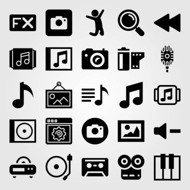 Çoklu ortam simgesini vektör ayarlayın. pikap, klavye, film rulo ve resim