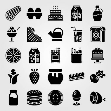 Yiyecek ve içecekler simge vektör ayarlayın. turp, yumurta, sandviç ve çikolata