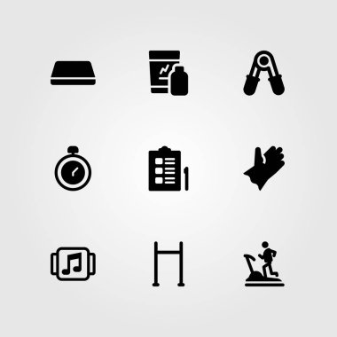 Fitness vektör Icon set. Mat, koşu bandı, çekme kadar bar ve denetim listesi