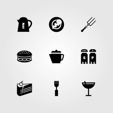 Restoran vektör Icon set. Burger, tuz ve biber, çatal ve su ısıtıcısı