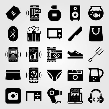 Alışveriş vektör Icon set. balık yuvarlak kase, mikrodalga fırın, saç kurutma makinesi ve kavanoz