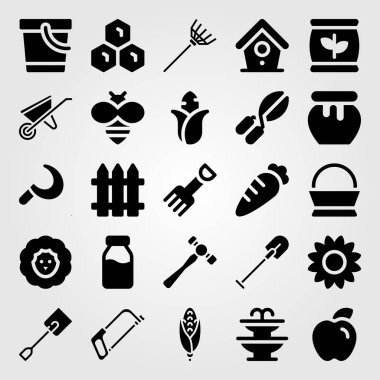 Bahçe simge vektör ayarlayın. el testeresi, el arabası, gübre ve kürek