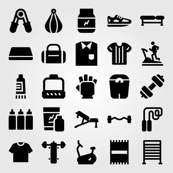 Fitness vector icon set. handdoek, mat, sportschool bars en sportschool handschoenen — Stockvector