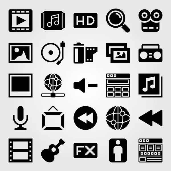 Icono multimedia set vector. volumen, micrófono, guitarra e internet — Archivo Imágenes Vectoriales