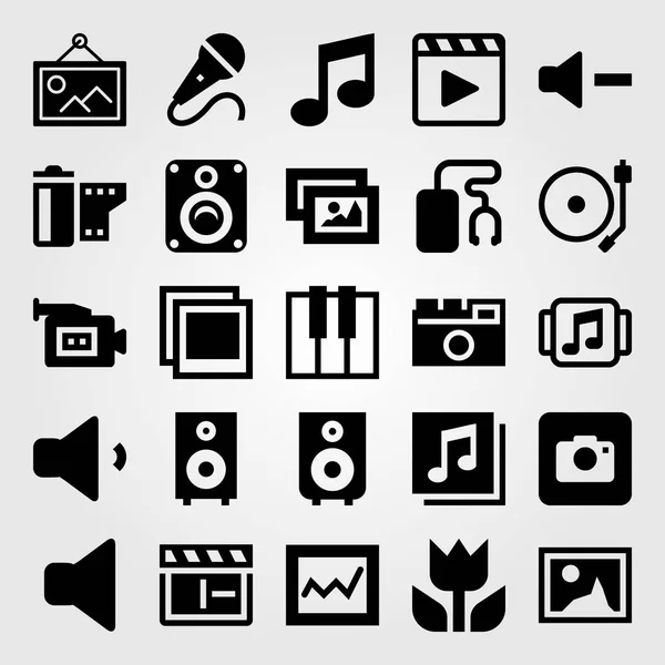 Set di icone vettoriali multimediali. microfono, foto, foto e clapperboard — Vettoriale Stock