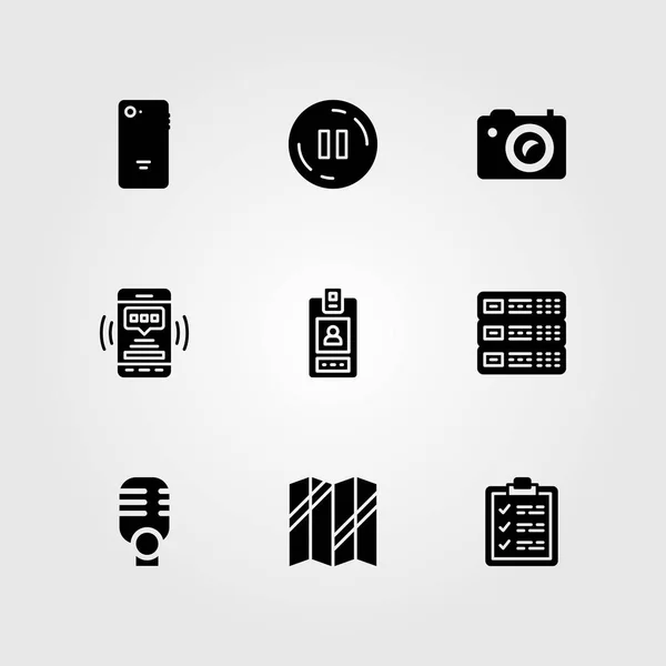 Essentials vector icon set. smartphone, clipboard, server and photo camera — Stock Vector