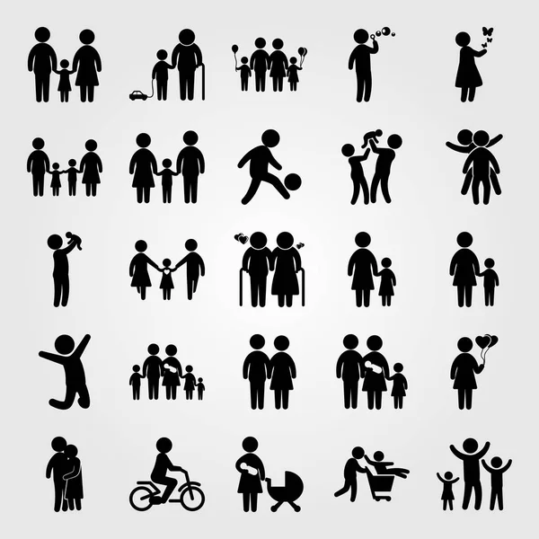 Humans icon set vector. mother, hugging, old woman and grandson — Stock Vector