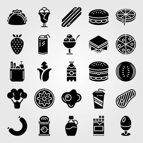 Набор иконок для еды и напитков. продукты, гамбургеры, пицца и безалкогольные напитки — стоковый вектор