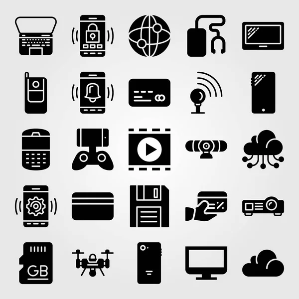 Conjunto de ícones vetoriais tecnológicos. memória, leitor de música, cartão de crédito e internet — Vetor de Stock