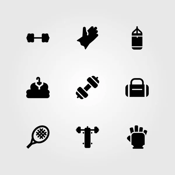 Fitness vector icon set. bench press, punching, punching bar and hammed — Stock Vector