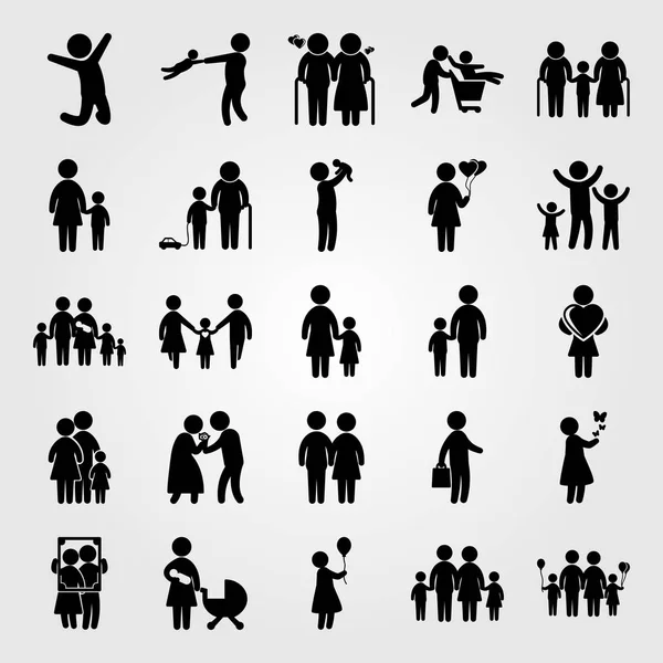 Menschen Icon Set Vektor. Mädchen, Kind, Mutter mit Sohn und Familie — Stockvektor