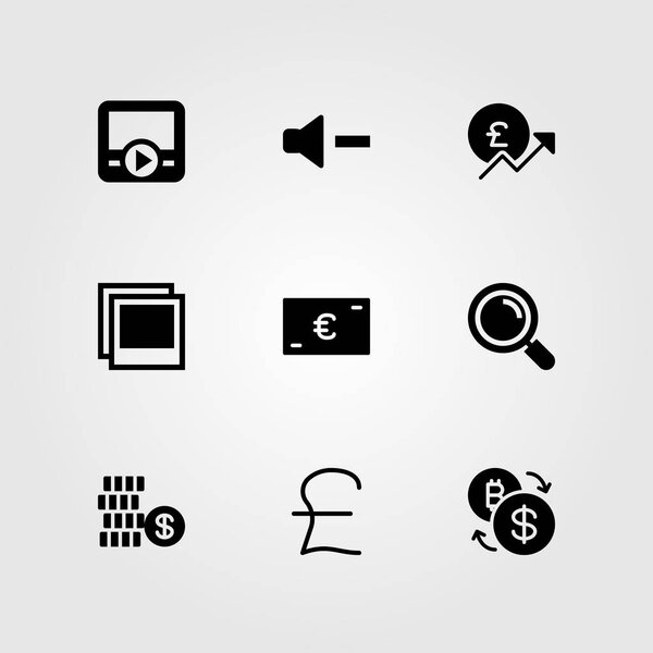 Buttons vector icon set. pound sterling, volume, photo and movie player